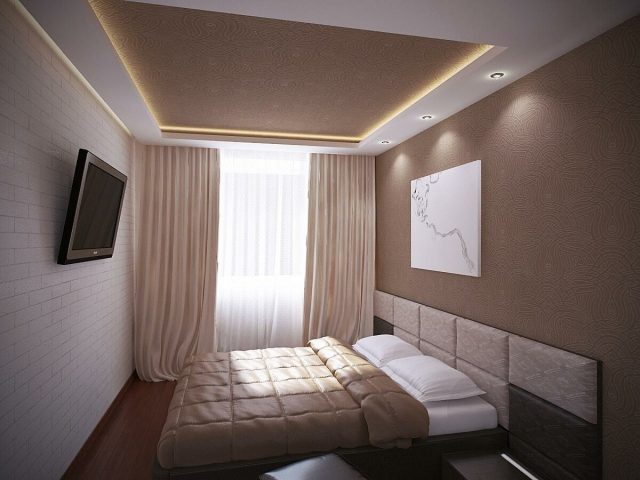 Двухуровневые натяжные потолки в спальню: с подсветкой, глянцевые и матовые, фото
