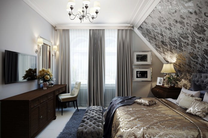 серые и белые шторы в дизайне спальни с серыми обоями