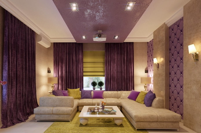 фиолетовая подвесная конструкция в гостиной