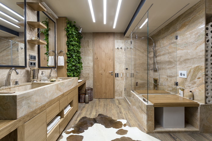 дизайн потолка в ванной в эко-стиле