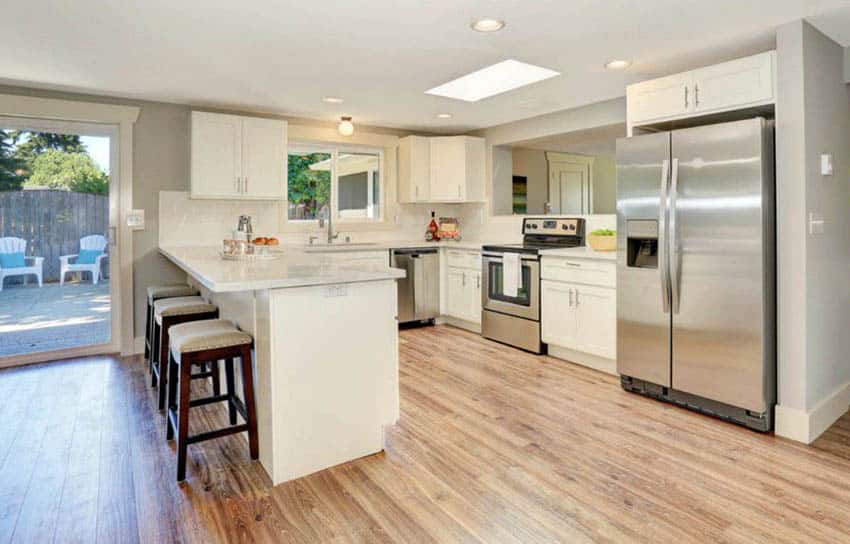 Kitchen with wood plank laminate floors, white cabinets and peninsula breakfast bar