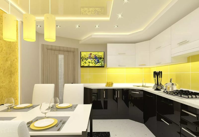 Желтый фартук в кухне модерн с черным низом