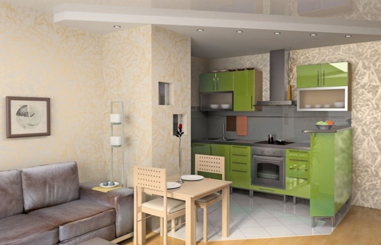 Зеленый гарнитур в кухне-гостиной с прямым диваном