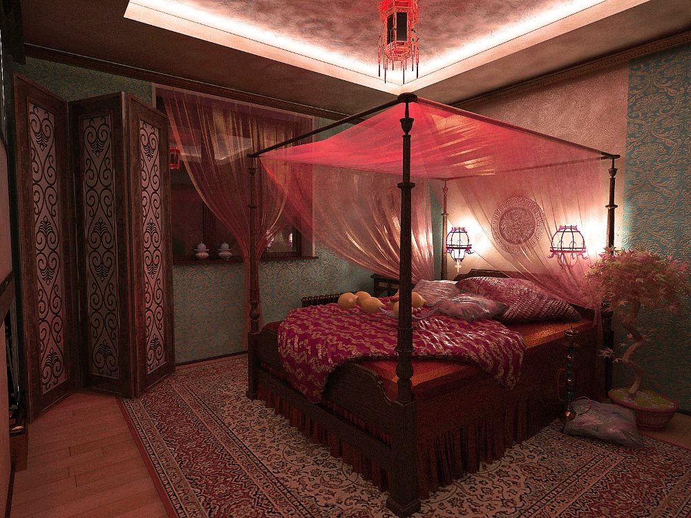 Кровать с балдахином в спальне с ковром