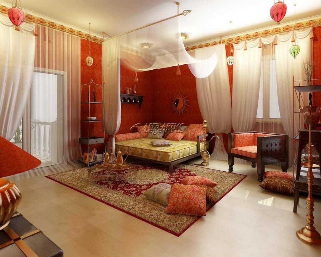 Подушки на персидском ковре в спальне