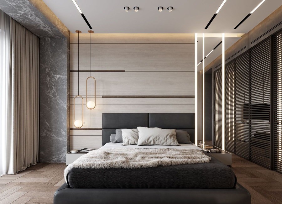 Линейные светильники на гипсокартоном потолке в спальне