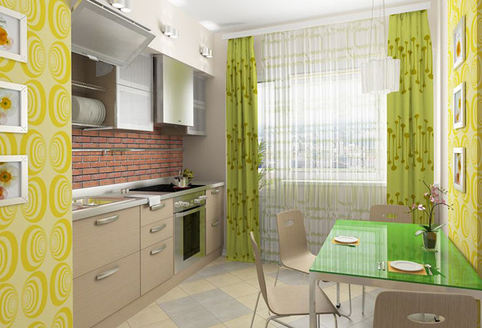 Желтые обои и зеленые шторы на кухне