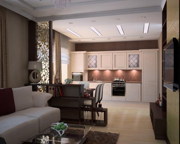 Создать единый гармоничный стиль в помещении можно путем приобретения мебели в гостиную и кухонного гарнитура одинакового оттенка 