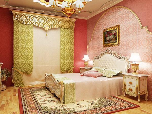В спальне в восточном стиле обязательно используют ковры, желательно ручной работы