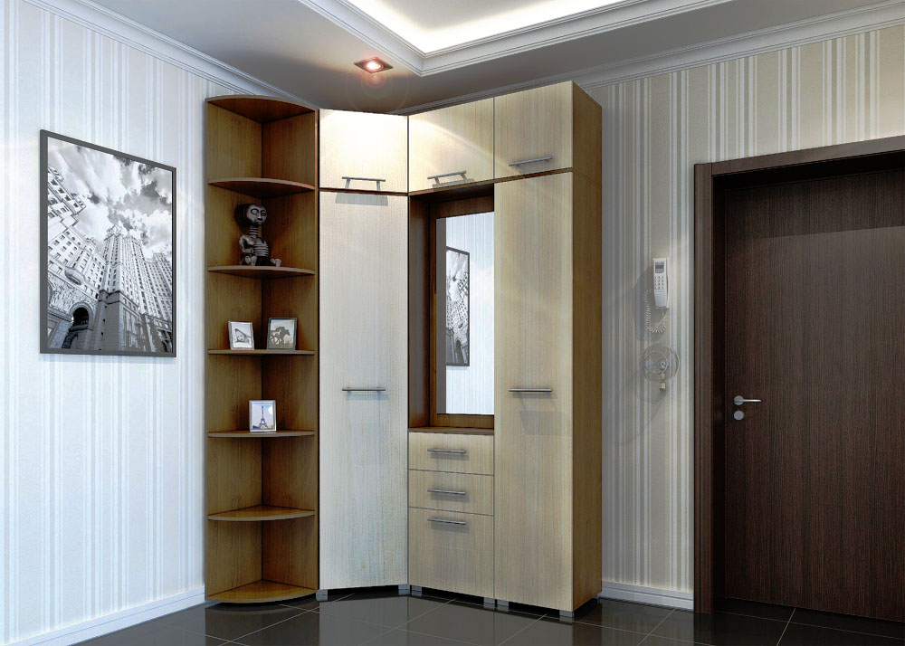 Фото углового мебельного гарнитура со шкафами с распашными дверьми в интерьере прихожей