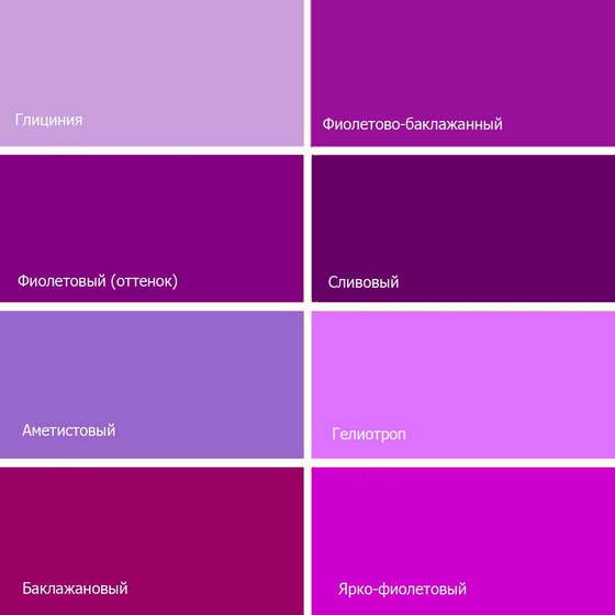 Холодные оттенки: индиго, сливовый, аметистовый, гелиотроп, пурпурный, глициния; теплые – баклажановый, лиловый.