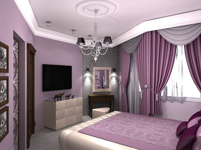 Стильно сочетаются разные оттенки фиолетового в виде плавного перехода между стенами, мебелью, аксессуарами.