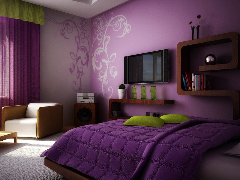 Зеленый и фиолетовый дизайн спальни придаст интерьеру таинственность и величие.