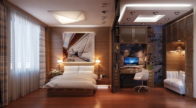 Спальня разделена на две зоны, и в каждой предусмотрена своя система освещения.