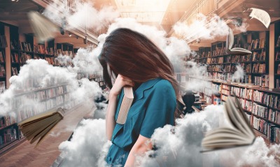 девушка библиотека дым книги