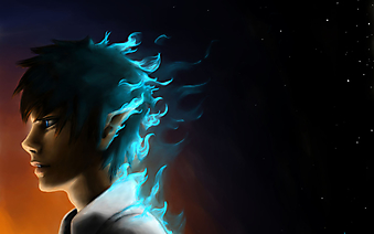 Мальчик с горящих синим пламенем волосами. (Код изображения: 23030)